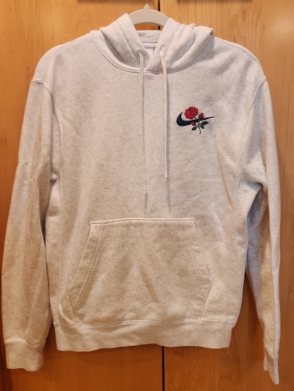Nike Light Heather Gray Pullover Hoodie with Red Rose Embroidery